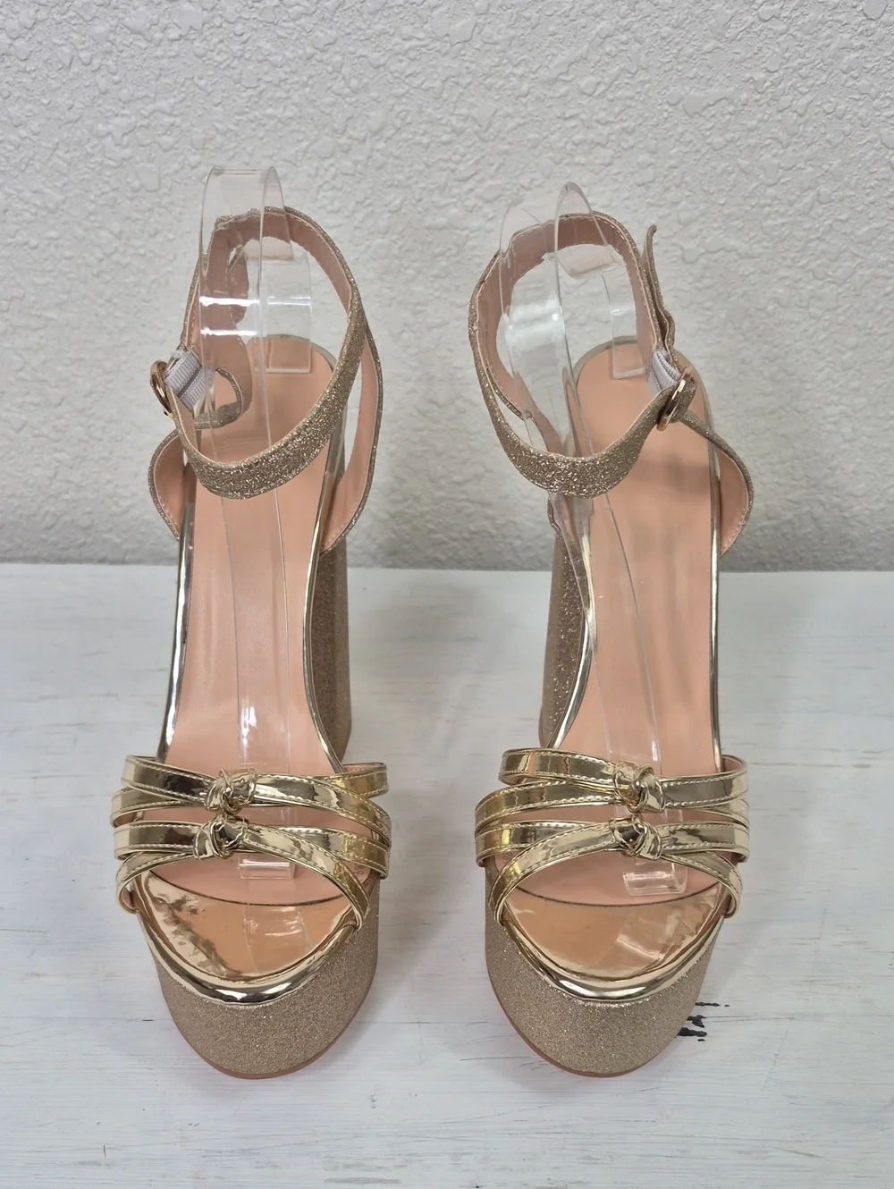 Gold Glitter Platform Block Heel Shoes Sandals Women's 10